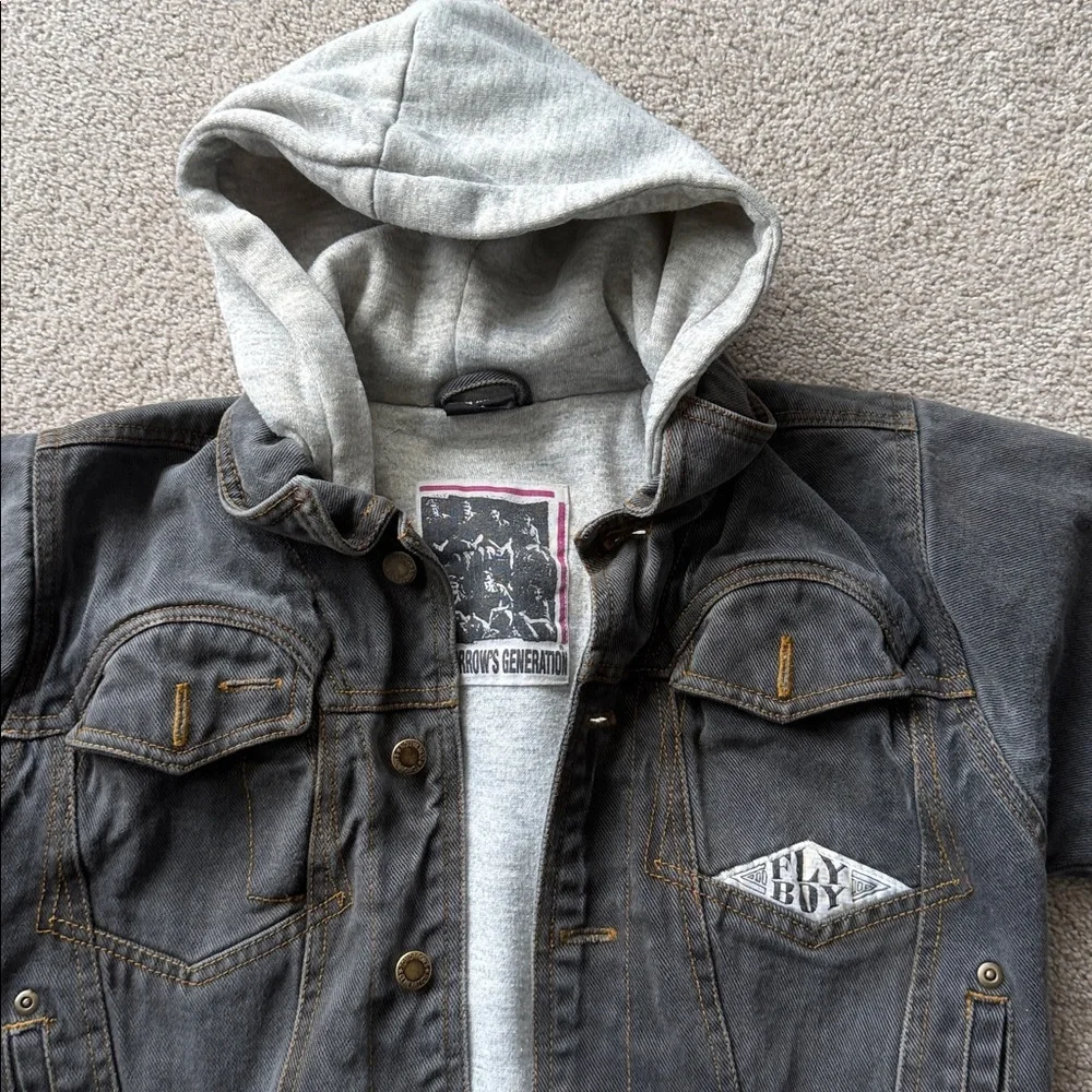 Tomorrow’s Generation FLY BOY size 10 Kids Black Denim Jacket with gray Hood